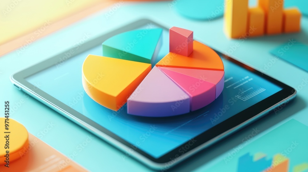 Poster a vibrant 3d pie chart popping out of a tablet screen, showcasing interactive data analysis with col