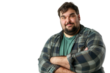 Portrait of a kindly fat man with a funny, smiling face, posing with charm and confidence, isolated on a transparent png background