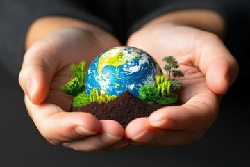 A pair of hands gently cradles a miniature Earth, symbolizing care for the planet and environmental sustainability.