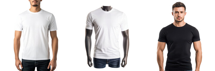 Obraz premium Three stylish men showcasing classic t-shirts in white and black colors, perfect for casual wear and fashion photography. transparent background