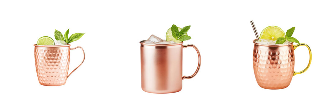 Three stylish copper mugs filled with refreshing drinks garnished with lime and mint, ideal for summer gatherings. transparent background