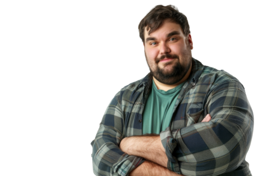 Portrait of a kindly fat man with a funny, smiling face, posing with charm and confidence, isolated on a transparent png background