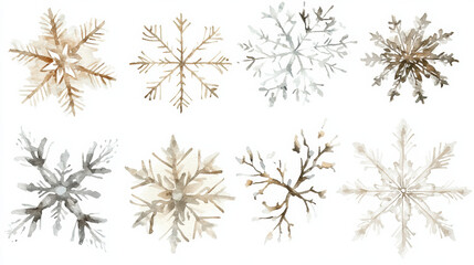 Delicate snowflakes in various shades of brown and gray create serene winter atmosphere, perfect for holiday designs and festive decorations