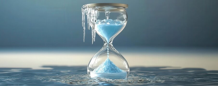An hourglass with melting ice inside, dripping into a pool of water below, symbolizing the limited time left to combat global warming