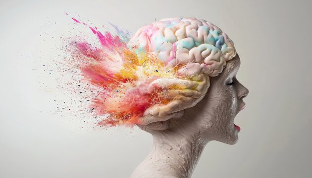 A brain exploding into a swarm of abstract shapes and symbols, representing the release of ideas, innovation, and imagination