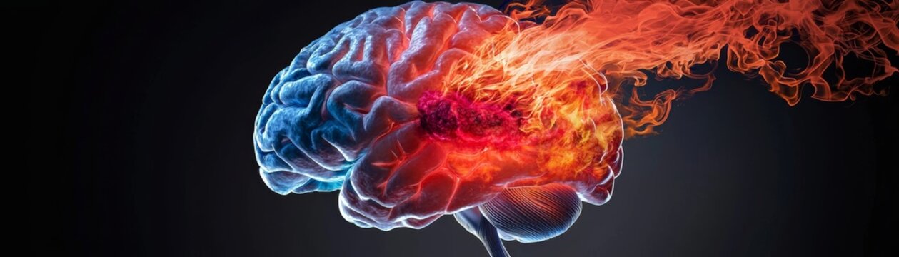 A brain exploding into flames, with fiery tendrils representing the intensity of passion, thought, or mental overload