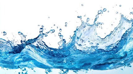 Detailed close-up of a blue water splash isolated on a white backdrop, capturing the beauty and clarity of the splashing droplets
