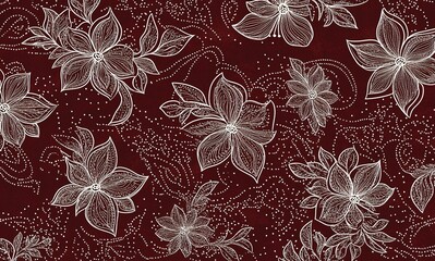 Brown background with a white outline pattern, using a brown and dark red color scheme. The design is elegant, simple yet detailed. It features delicate floral motifs that create an intricate lace-lik