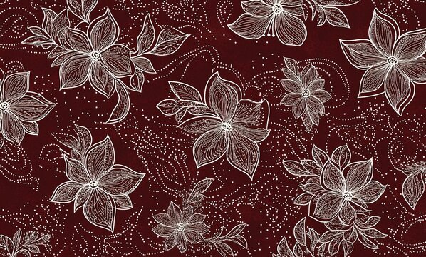 Brown background with a white outline pattern, using a brown and dark red color scheme. The design is elegant, simple yet detailed. It features delicate floral motifs that create an intricate lace-lik