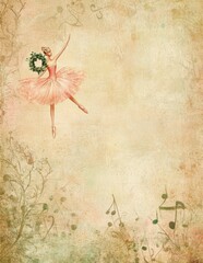 Ballerina in pink tutu holding a wreath, vintage holiday design with musical notes.

