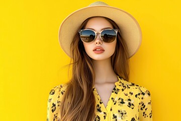 Fototapeta premium Portrait of beautiful girl in hat and sunglasses on colorful background. Fashion portrait of a beautiful young woman in sunglasses on a yellow summer background. with generative ai