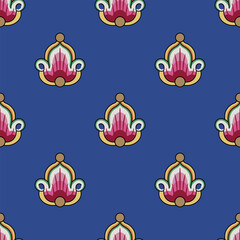 Seamless floral pattern with stylized flowers. Medieval Russian folk style.  On blue background.