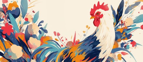 Fototapeta premium Vibrantly colored chicken illustration on a plain white backdrop