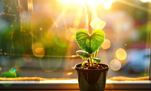 Small plant in pot bathed golden sunlight