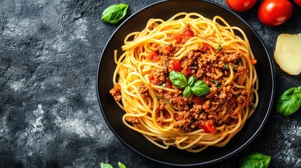 Pasta Bolognese plate on a dark texture background.