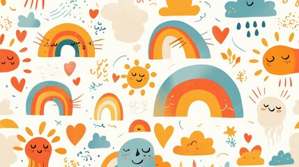 Hand drawn illustrations of rainbows suns whimsical clouds stars and hearts on a white background Adorable designs for kids nurseries wallpaper fabric and apparel Vector art