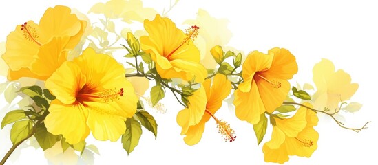 Yellow hibiscus flower artwork set against a white backdrop