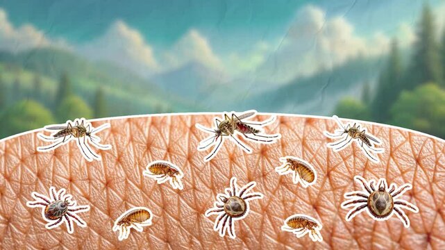 A patch of human skin appears, mosquitoes, ticks and fleas fly to it, want to suck blood. Pest insect concept. Empty space for text. Smooth animation on color paper background