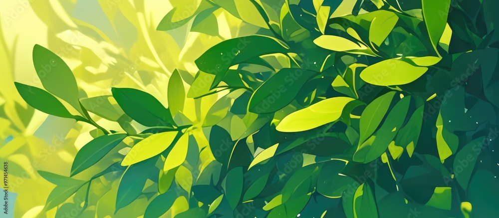 Poster abstract artwork featuring a backdrop of lush green leaves with a shallow depth of field effect