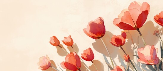 Floral painting featuring pink tulips on a beige backdrop Ideal for spring themed posters with ample copy space