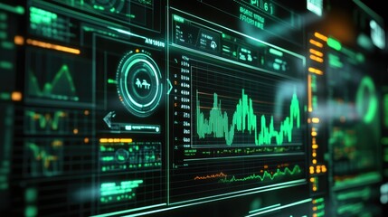 Obraz premium Digital Data Visualization: Green and Orange Data Displays with Dynamic Graphs