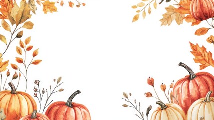 Naklejka premium Watercolor Autumn Harvest Border with Pumpkins