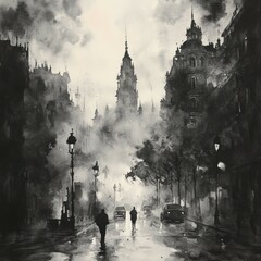 Black and White Watercolor Painting of a City Street Scene