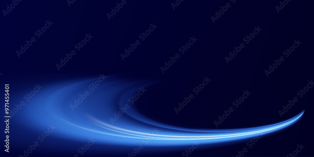 Poster blue wind waves effect. abstract light motion trails with sparkles isolated on black background. lig