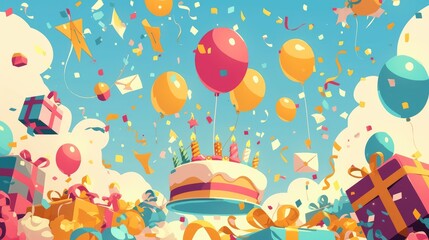 Fototapeta premium Birthday greeting and invitation card design featuring balloons gift boxes confetti and a cupcake Vector illustration