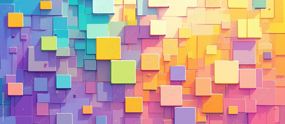 Poster vector illustration depicting an abstract composition of colorful square mosaic blocks