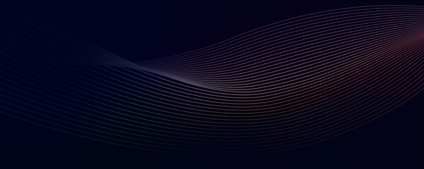 Dark abstract background with a glowing wave. Panoramic shiny moving lines design element. Modern purple, blue gradient flowing wave lines. Futuristic technology concepts. Web banner, banner backdrop