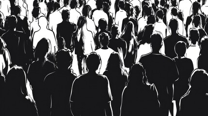 Black and white vector illustration of a diverse crowd of people