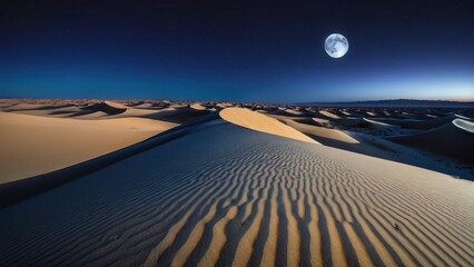 Naklejka premium A serene desert landscape under a full moon, showcasing rippled sand dunes and a starry sky.