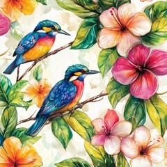 Obraz premium Watercolor Tropical Birds and Flowers Seamless Pattern