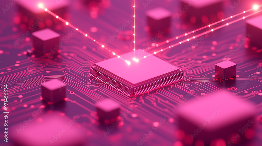 Poster futuristic microchip with laser beams in a high-tech circuit board environment