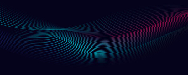 Dark abstract background with a glowing wave. Panoramic shiny moving lines design element. Modern purple, blue gradient flowing wave lines. Futuristic technology concepts. Web banner, banner backdrop
