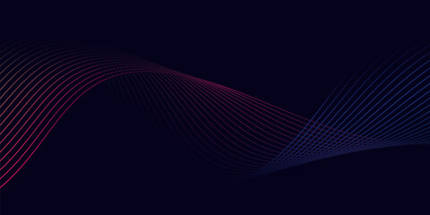 Dark abstract background with a glowing wave. Panoramic shiny moving lines design element. Modern purple, blue gradient flowing wave lines. Futuristic technology concepts. Web banner, banner backdrop