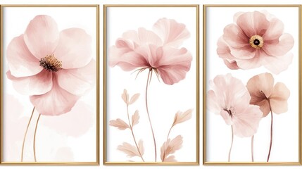 Set of three Abstract Pink Flower Posters in Gold Frames on white background.