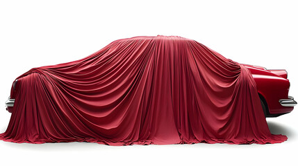 A car covered with a flowing red fabric, hinting at a reveal or presentation.