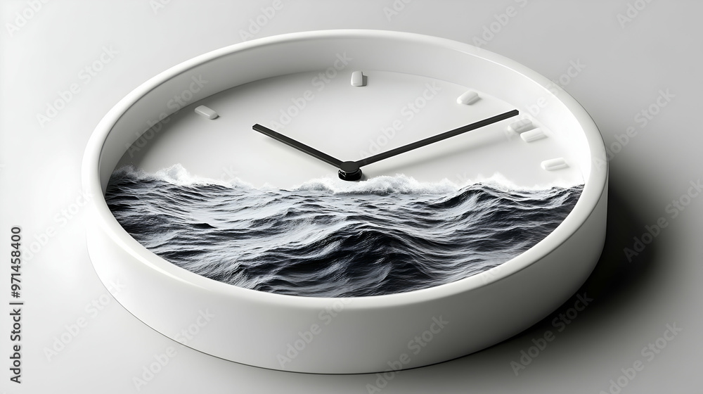 Poster a clock featuring a wave design, blending timekeeping with oceanic art.