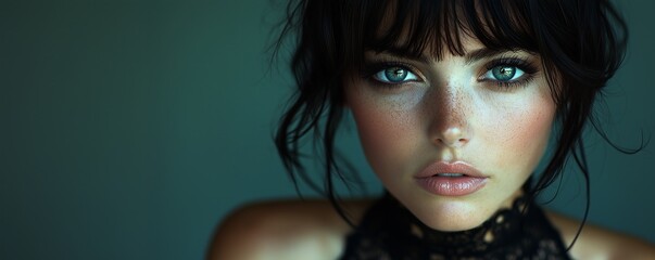Fototapeta premium A Swedish model captivates the camera with her piercing blue eyes and flawless skin, showcasing high fashion against a muted backdrop, highlighting her striking features and unique style.