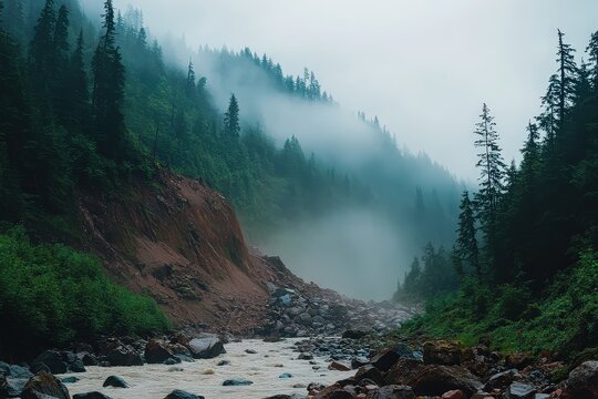 Foggy mountain river with landslide and forest