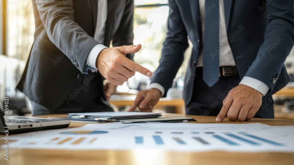 Aufkleber two business professionals analyzing financial charts and data on a desk, emphasizing strategy plann