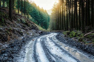 Obraz premium Muddy forest road winding through trees