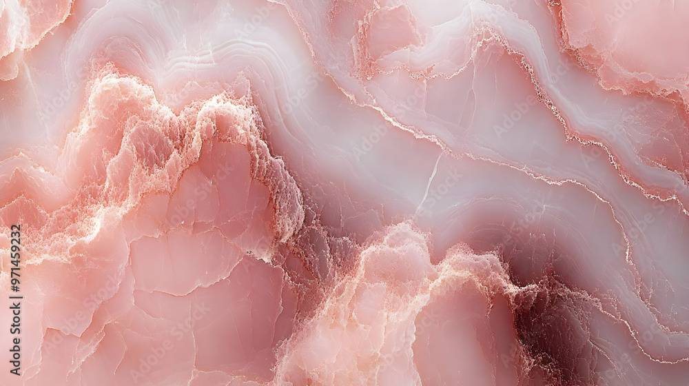 Poster a close-up of a pink and white marbled texture with flowing patterns.