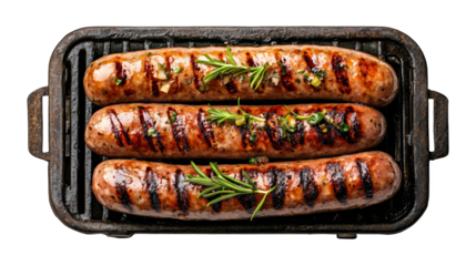 Grilled sausages on a cast iron grill, garnished with fresh herbs for a delicious and tempting meal.