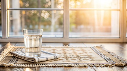 Glass of water on decorative cloth with warm sunlight shining through window