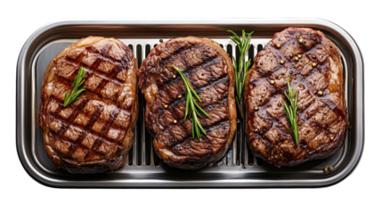 Grilled steak with perfect sear marks, garnished with fresh rosemary. Ideal for culinary themes and food photography.