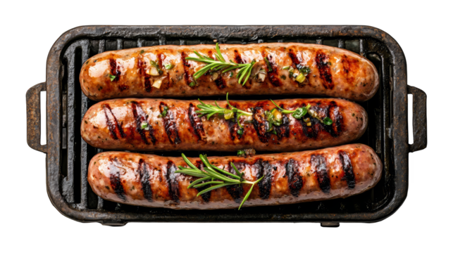 Grilled sausages on a cast iron grill, garnished with fresh herbs for a delicious and tempting meal.