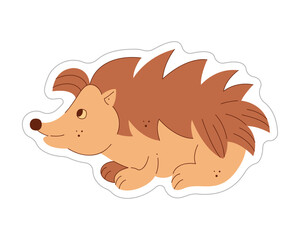 Sticker with cute hedgehogs. Color flat vector illustration.